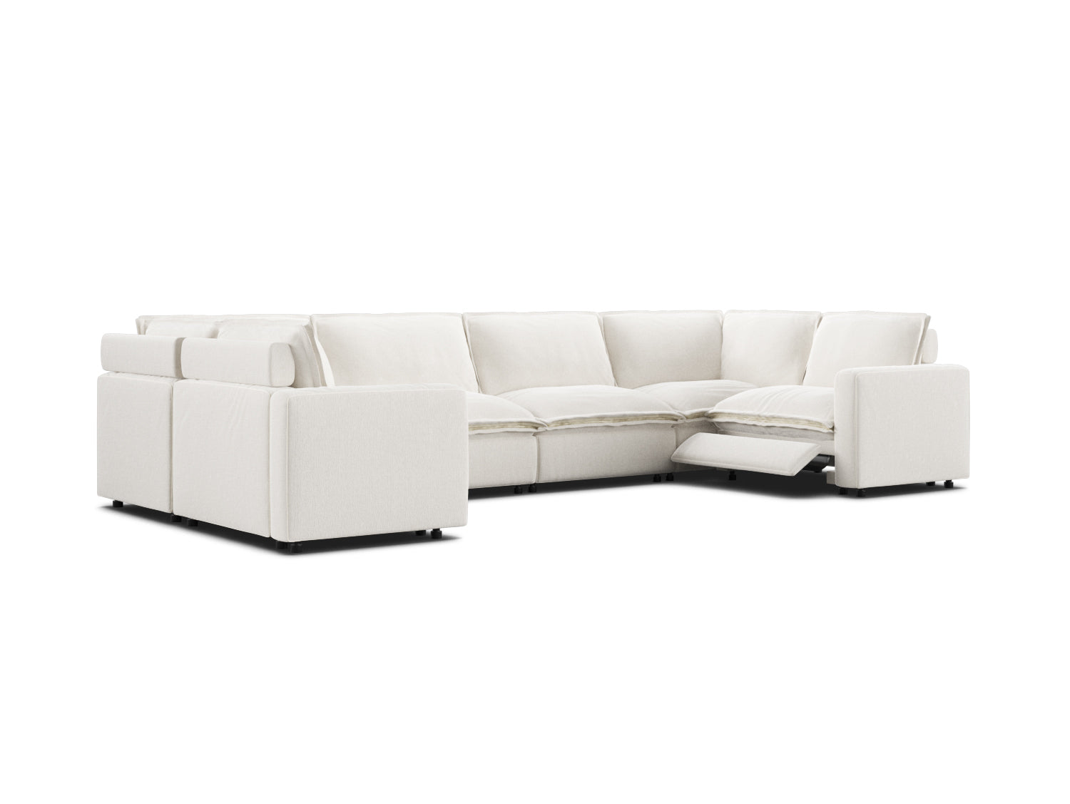 U-shaped sectional with one recliner in white linen, modular