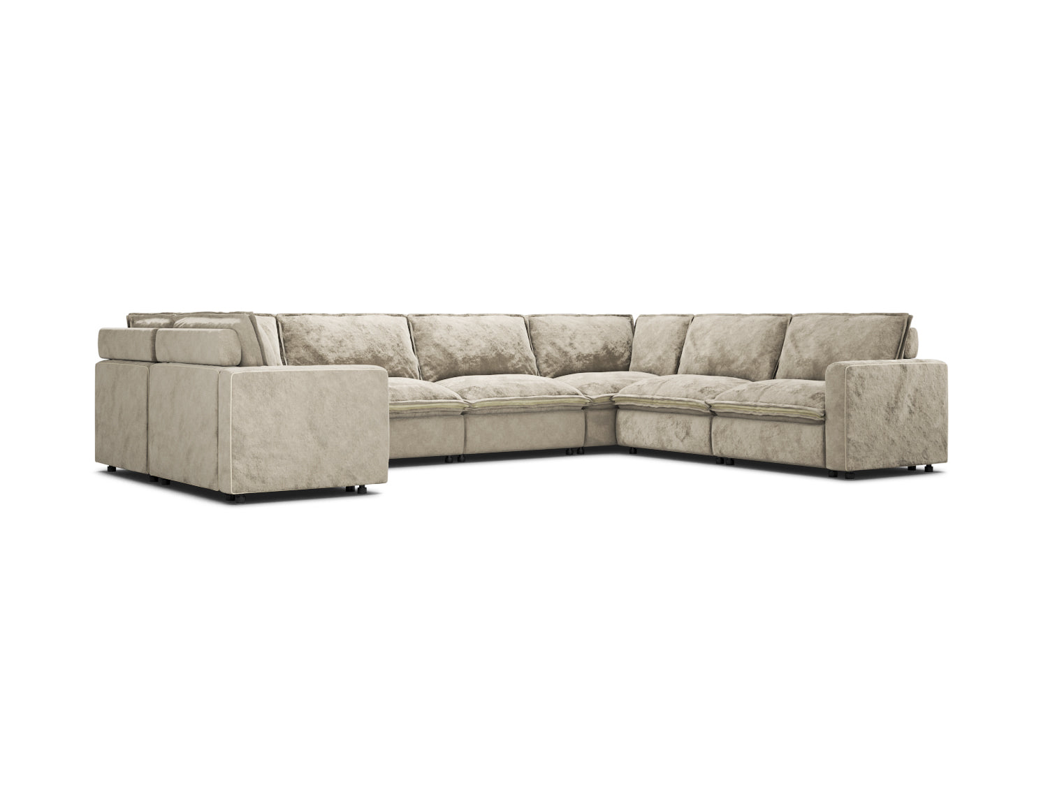 U-shaped 7 seat sectional sofa in beige velvet fabric, modular