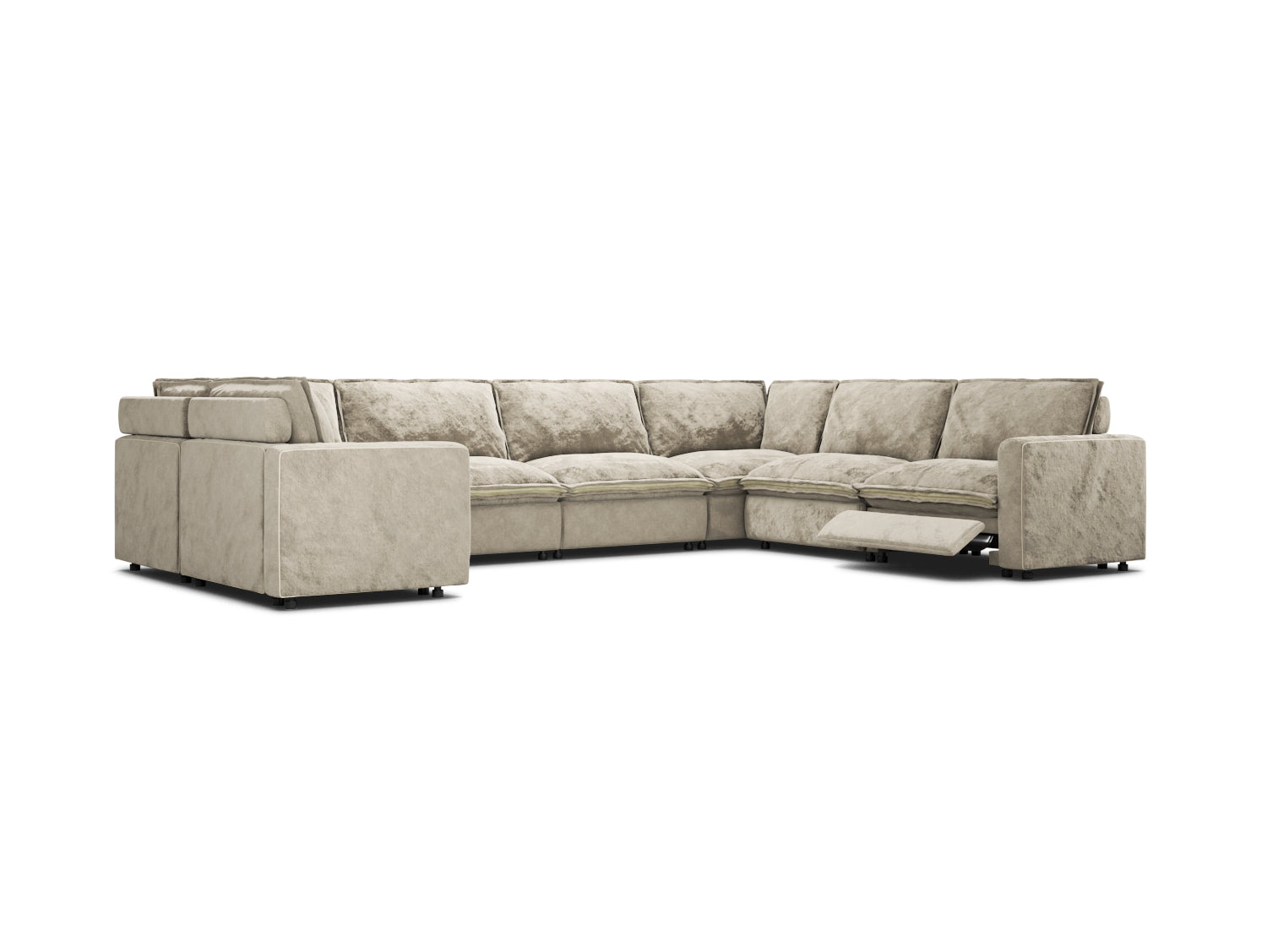U-shaped sectional recliner couch with 2 recliners and 7 seats in beige velvet, modular