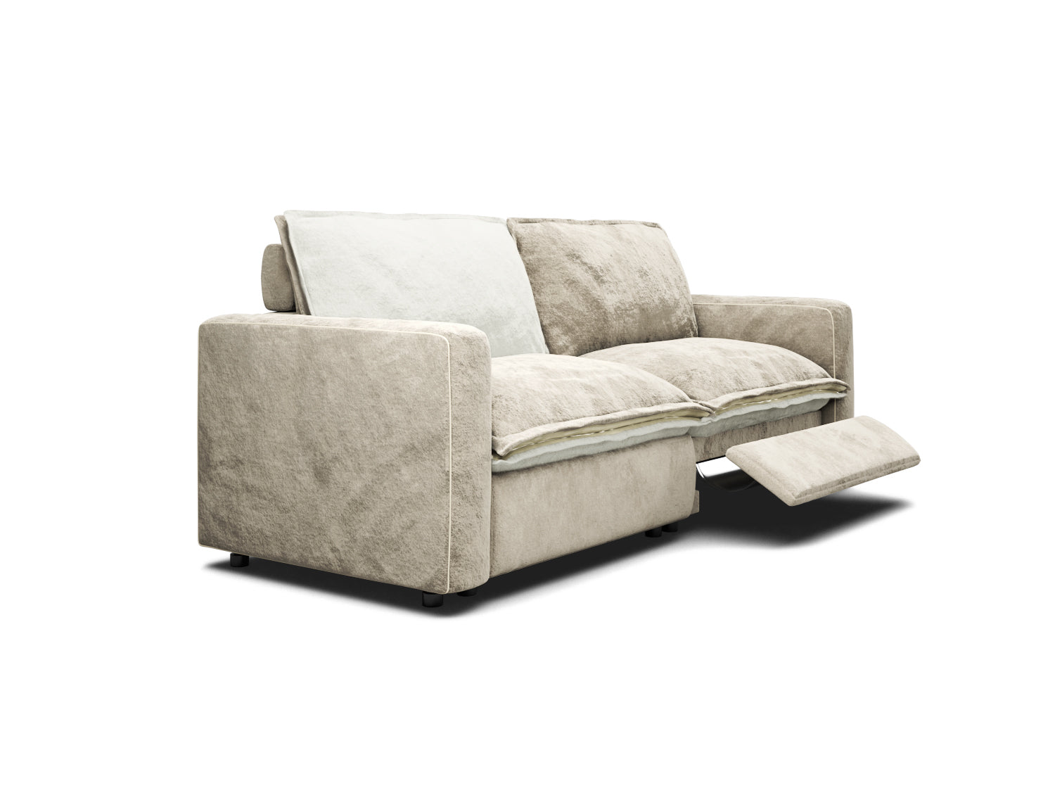 Reclining two-tone sectional loveseat in beige and white velvet, modular