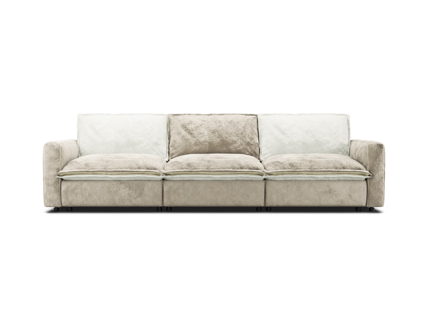 3 seat sectional couch in white and beige velvet, two-tone, modular