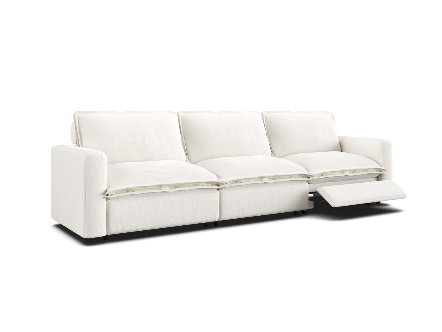 white linen 3 seat modular sectional couch with one recliner