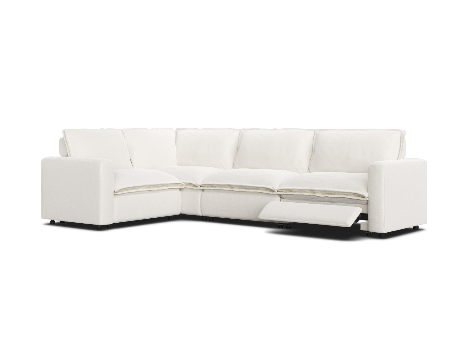 Sectional couch in white linen with one recliner, L-shaped
