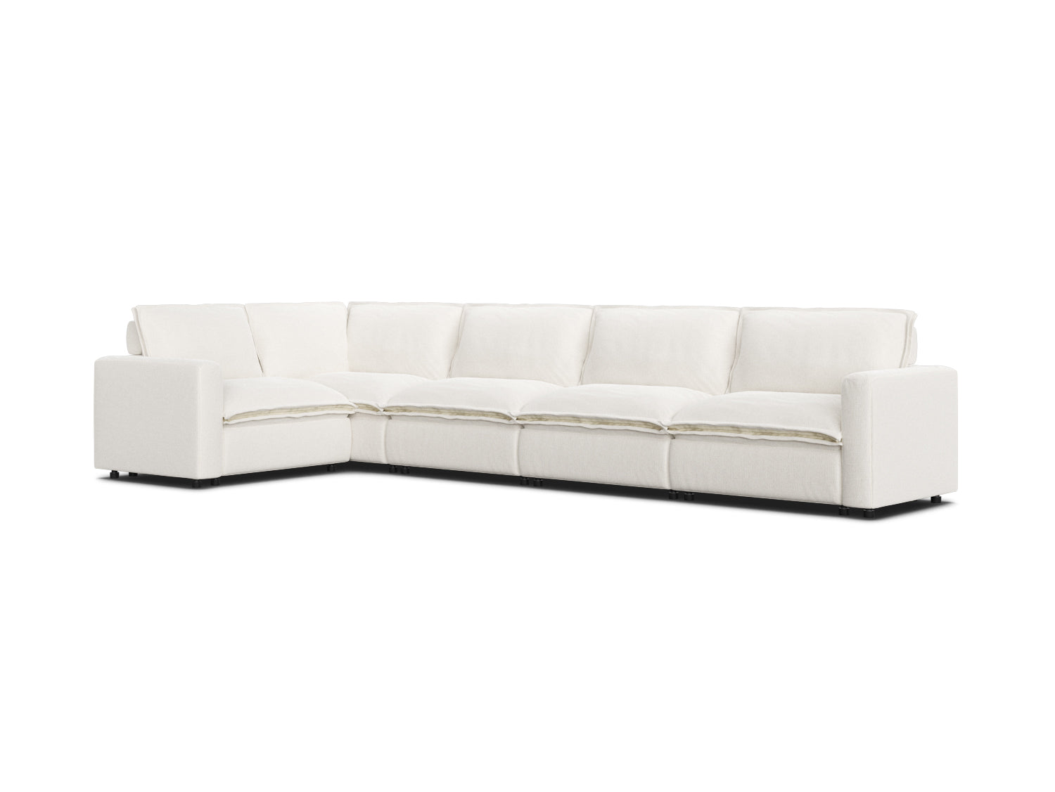 Corner sectional couch in white linen with 5 seats, modular