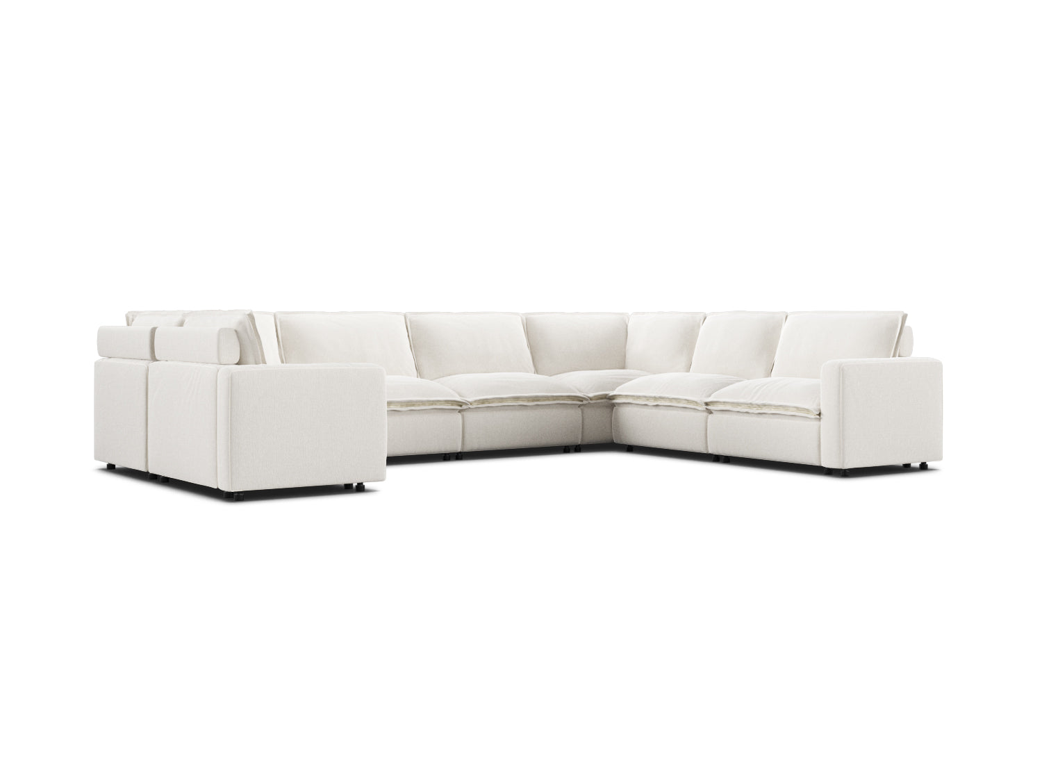 7 seat sectional couch, U-shaped in white linen fabric, modular