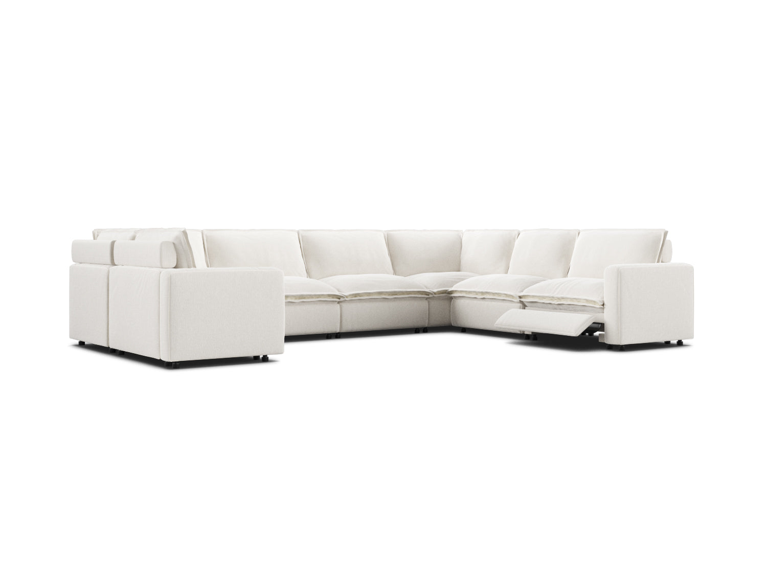 Reclining 7 seat sectional couch in white linen, modular