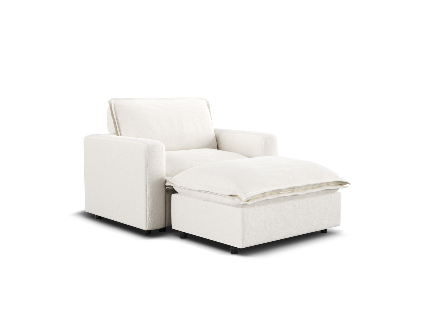 Chaise lounge chair in white linen, armchair with ottoman