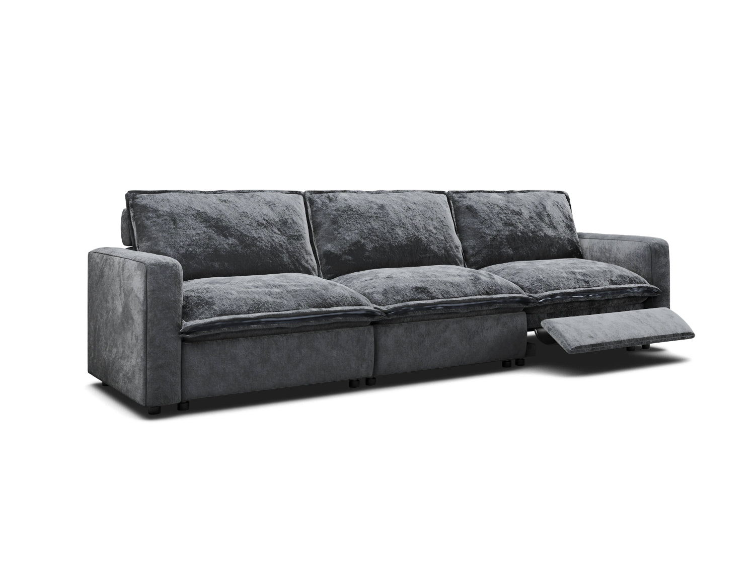 3 seat sectional with 2 recliners in dark grey velvet fabric, modular