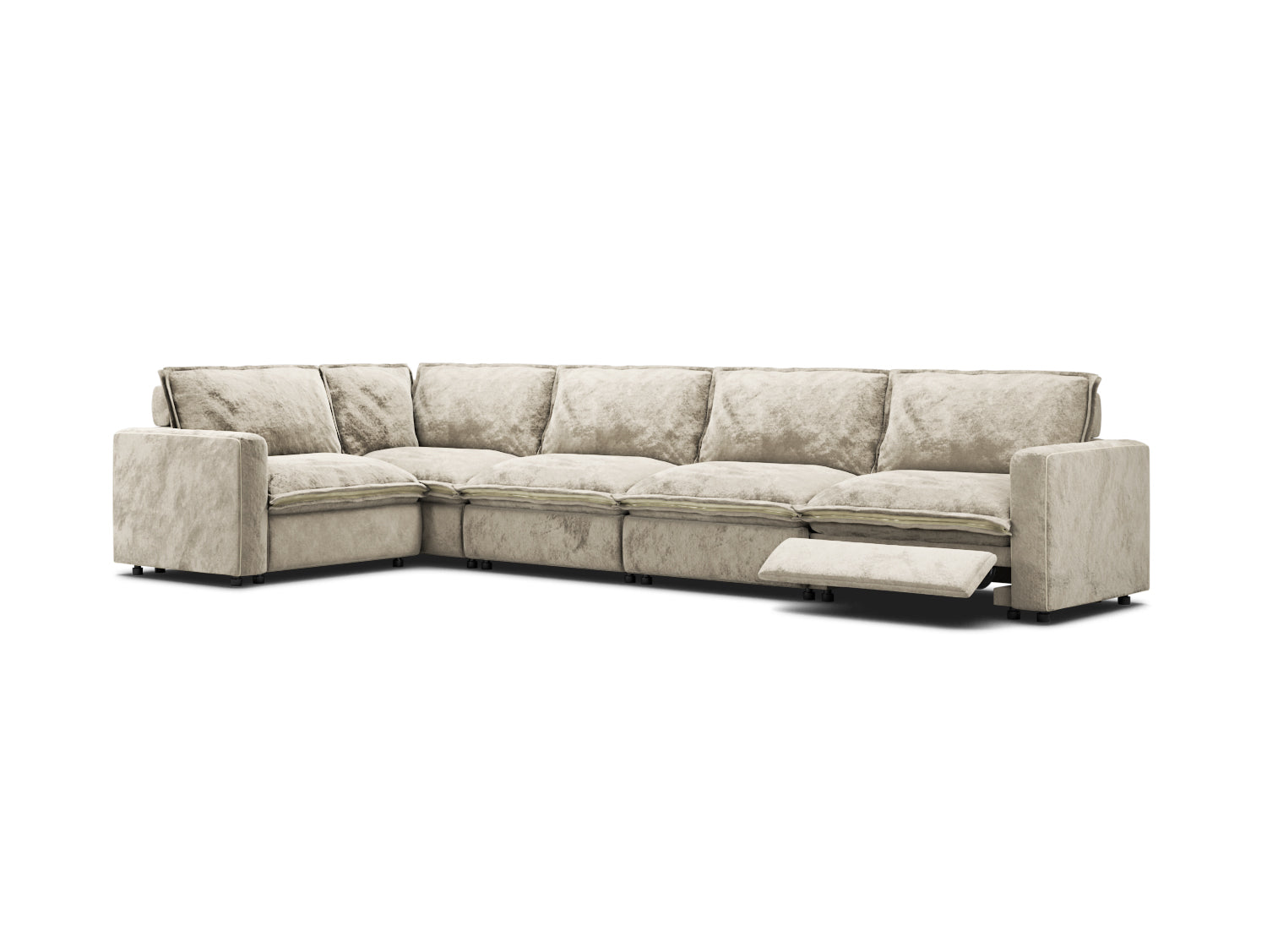 L-shaped recliner couch with 5 seats and 2 recliners in beige velvet, modular